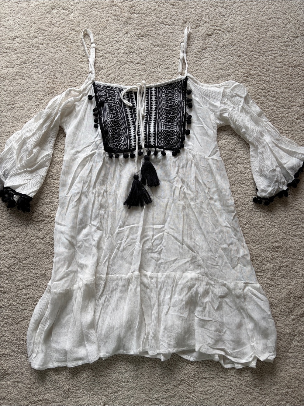 Forever 21 White Cold-Shoulder Tunic with Black Embroidered Yoke